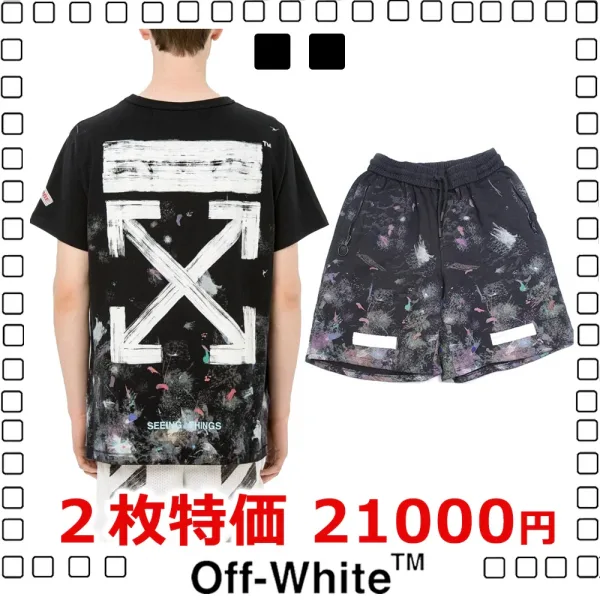 2枚大特価 Off-White T-Shirt C/O VIRGIL ABLOH OW Ｔシャツ black + オフホワイト ロゴ プリント ショートパンツ black
