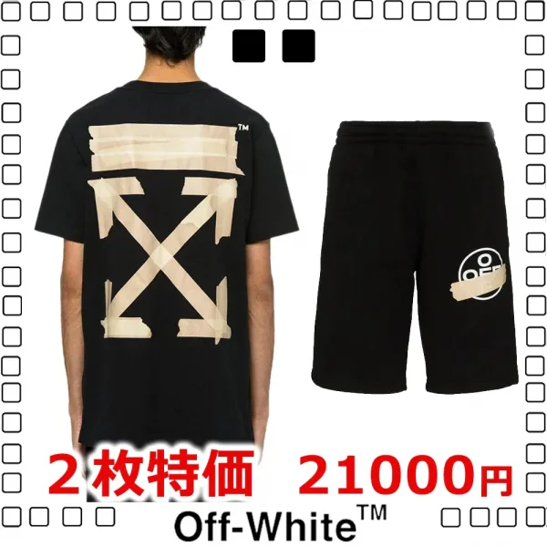 2枚大特価 Off-White Tape Arrows Sweat t-shirt オフホワイトＴシャツ+ オフホワイト ショーツ ロゴ プリント shorts black